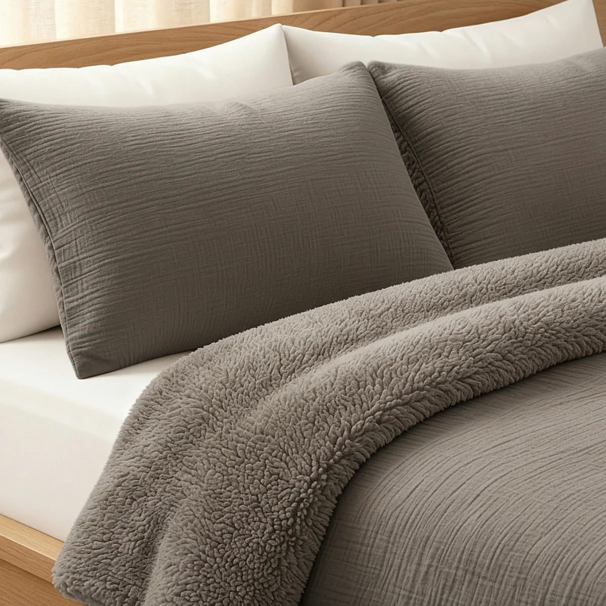 Zelesta Special Teddy Baumwoll-Musselin Kissenbezug Set mit 2 Stück – Taupe